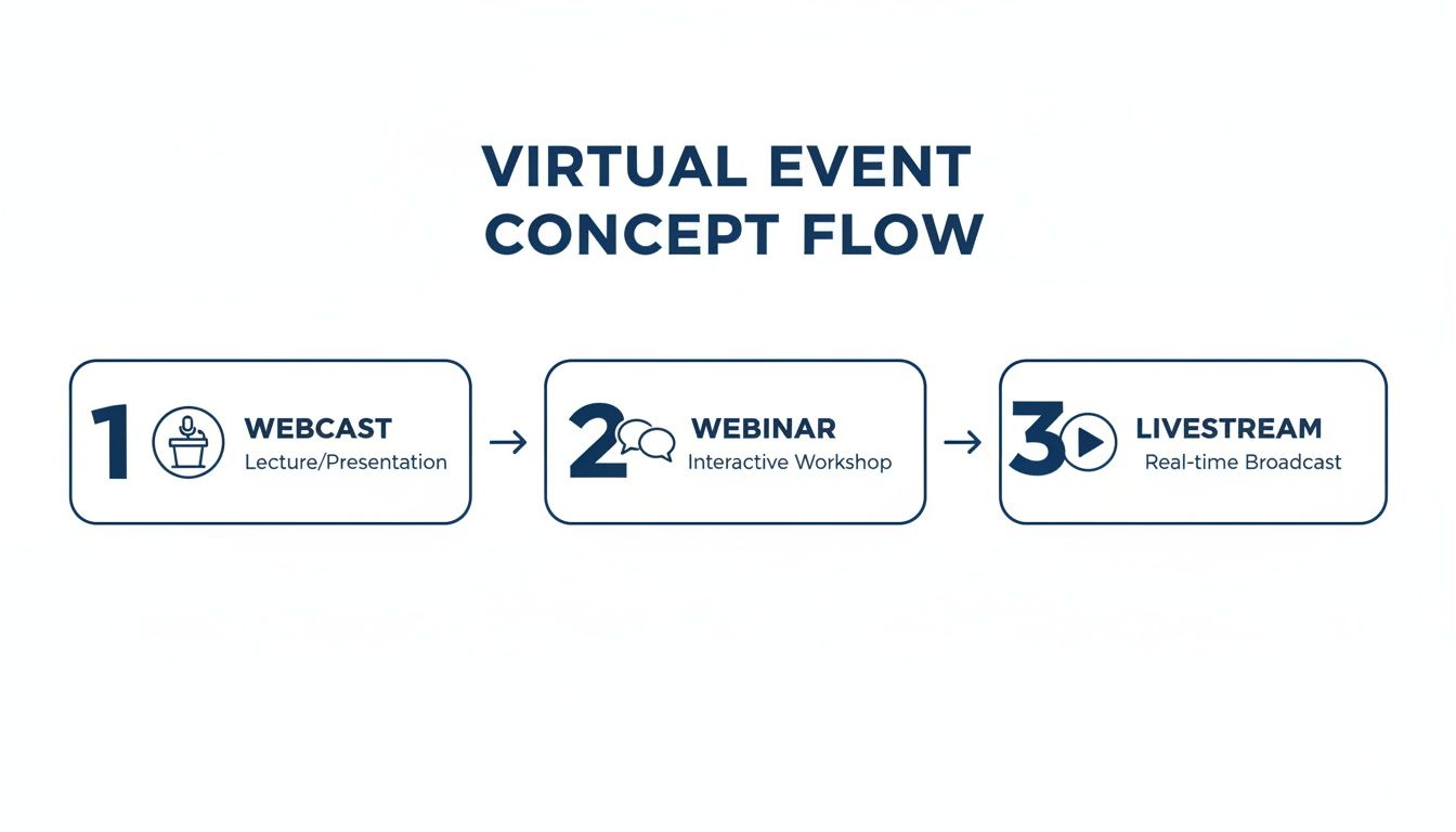 A virtual event concept flow diagram illustrating the progression from webcast to webinar to livestream.