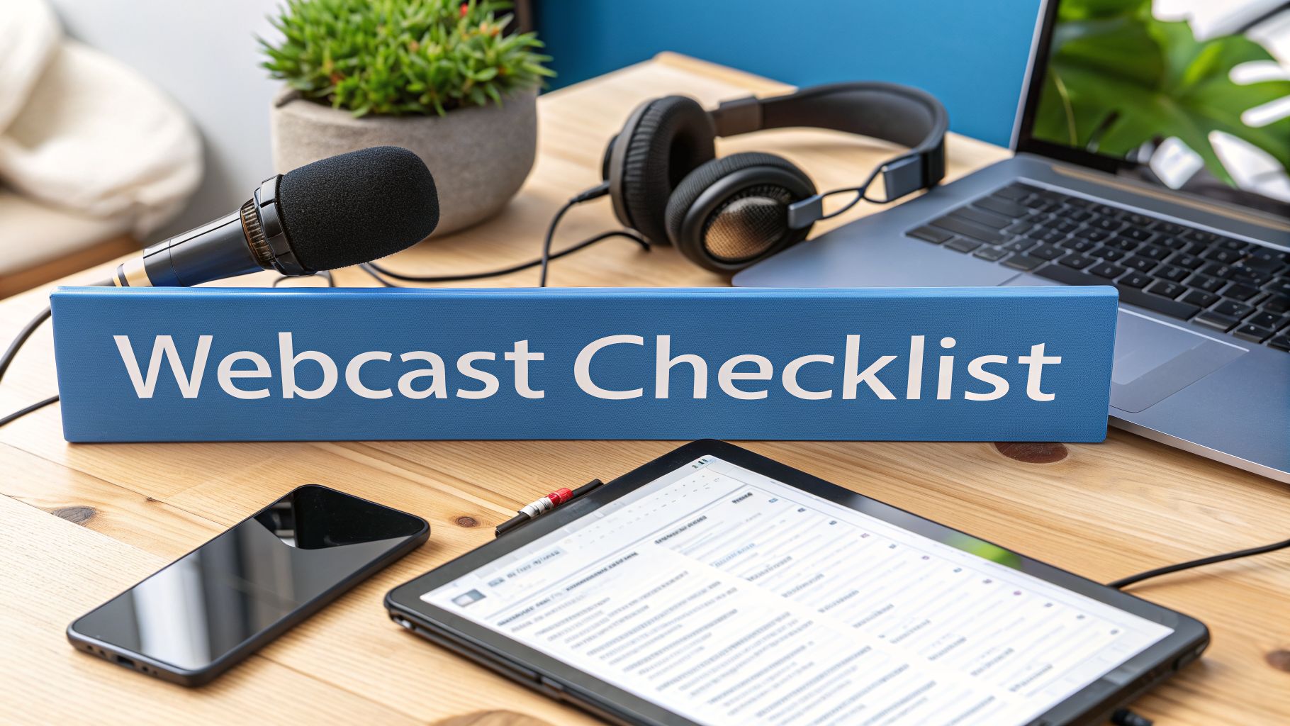 A desk setup with a microphone, headphones, laptop, and mobile devices next to a 'Webcast Checklist' sign.