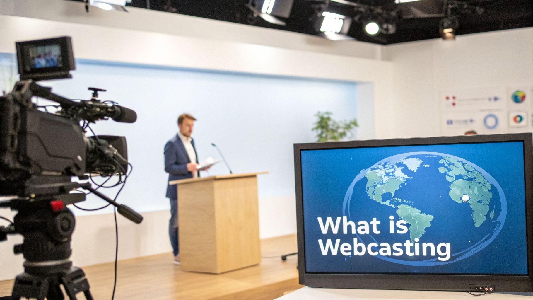 A speaker at a podium in a studio, being filmed by a camera, with a monitor showing 'What is Webcasting'.
