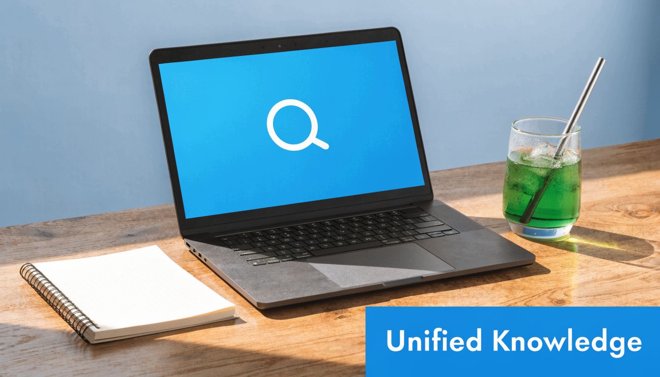 A laptop showing a search icon on its screen next to a notepad and green drink.
