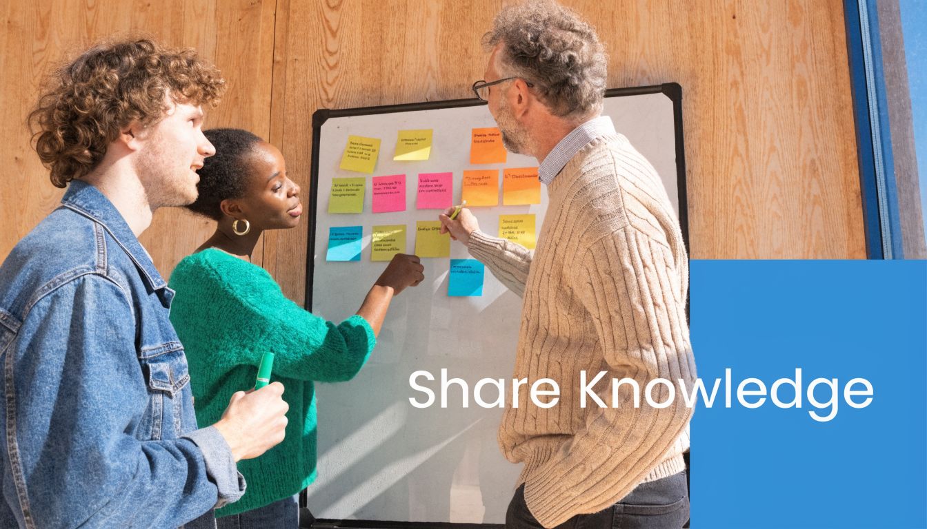 A diverse group of colleagues collaborating on a whiteboard with sticky notes to share professional knowledge.