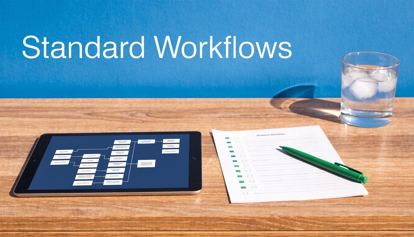 A digital tablet displaying a flowchart alongside a checklist and a green pen on a wooden desk.