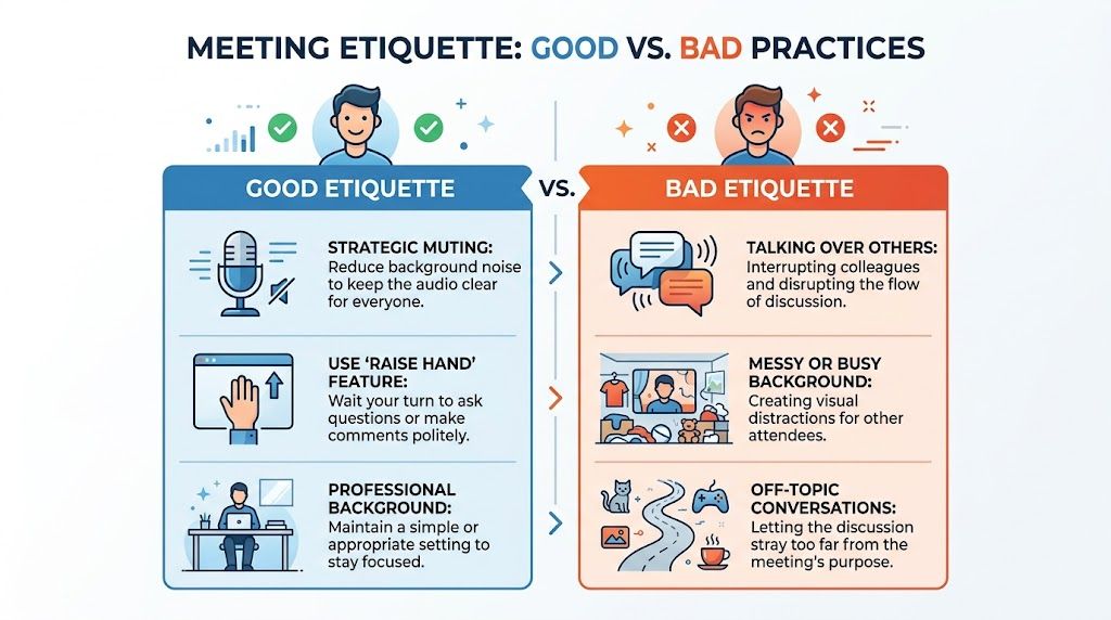 An infographic comparing good and bad meeting etiquette with illustrations for digital conference calls.