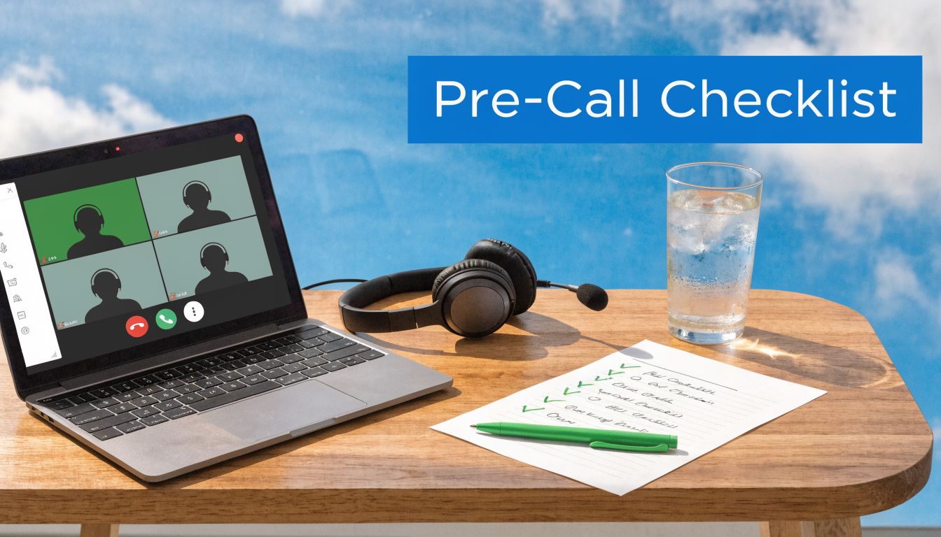 A laptop open for a video conference call sits on a wooden desk next to a checklist.