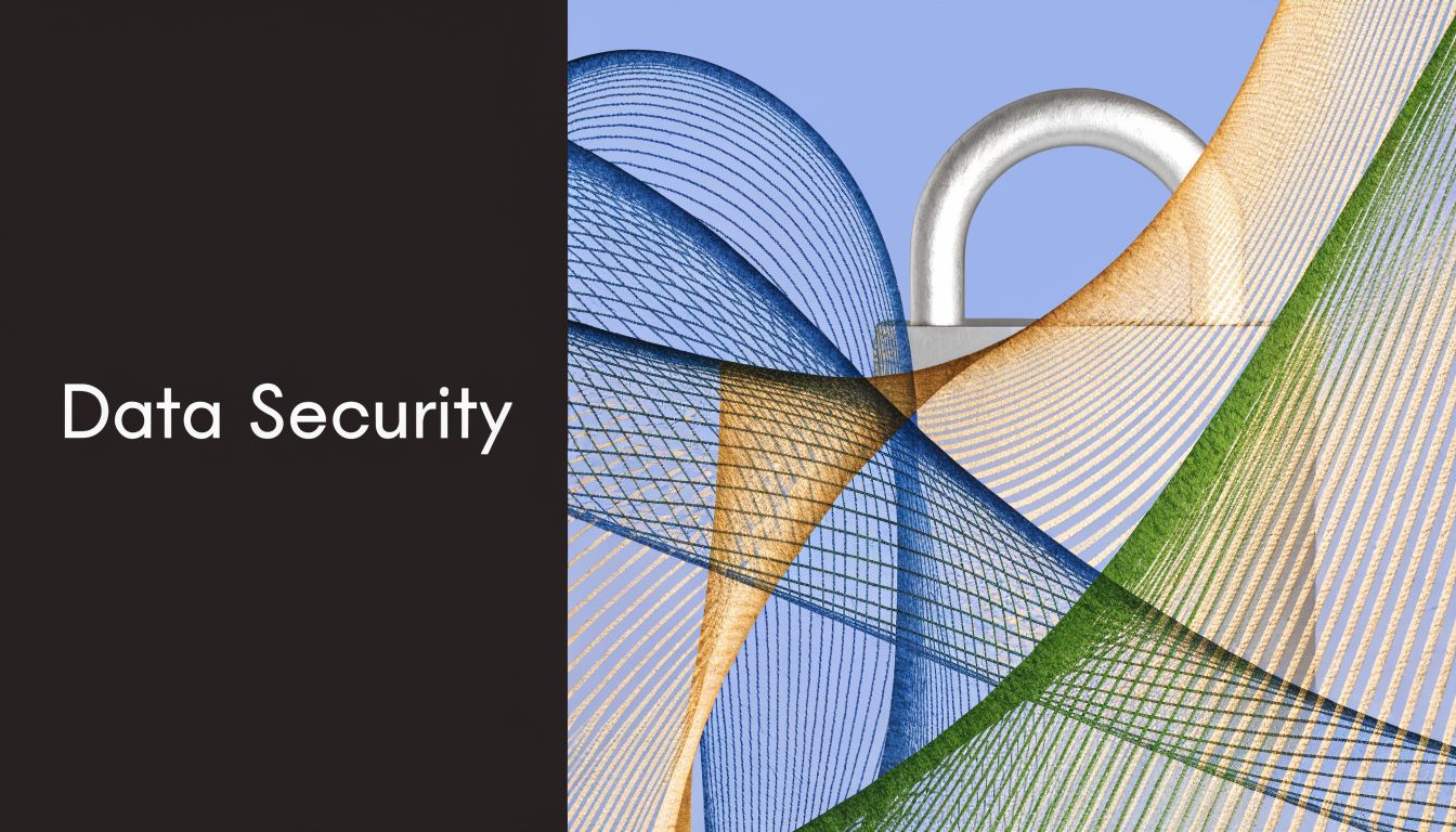 A digital graphic featuring a metal padlock icon overlaid with abstract blue, gold, and green line patterns.