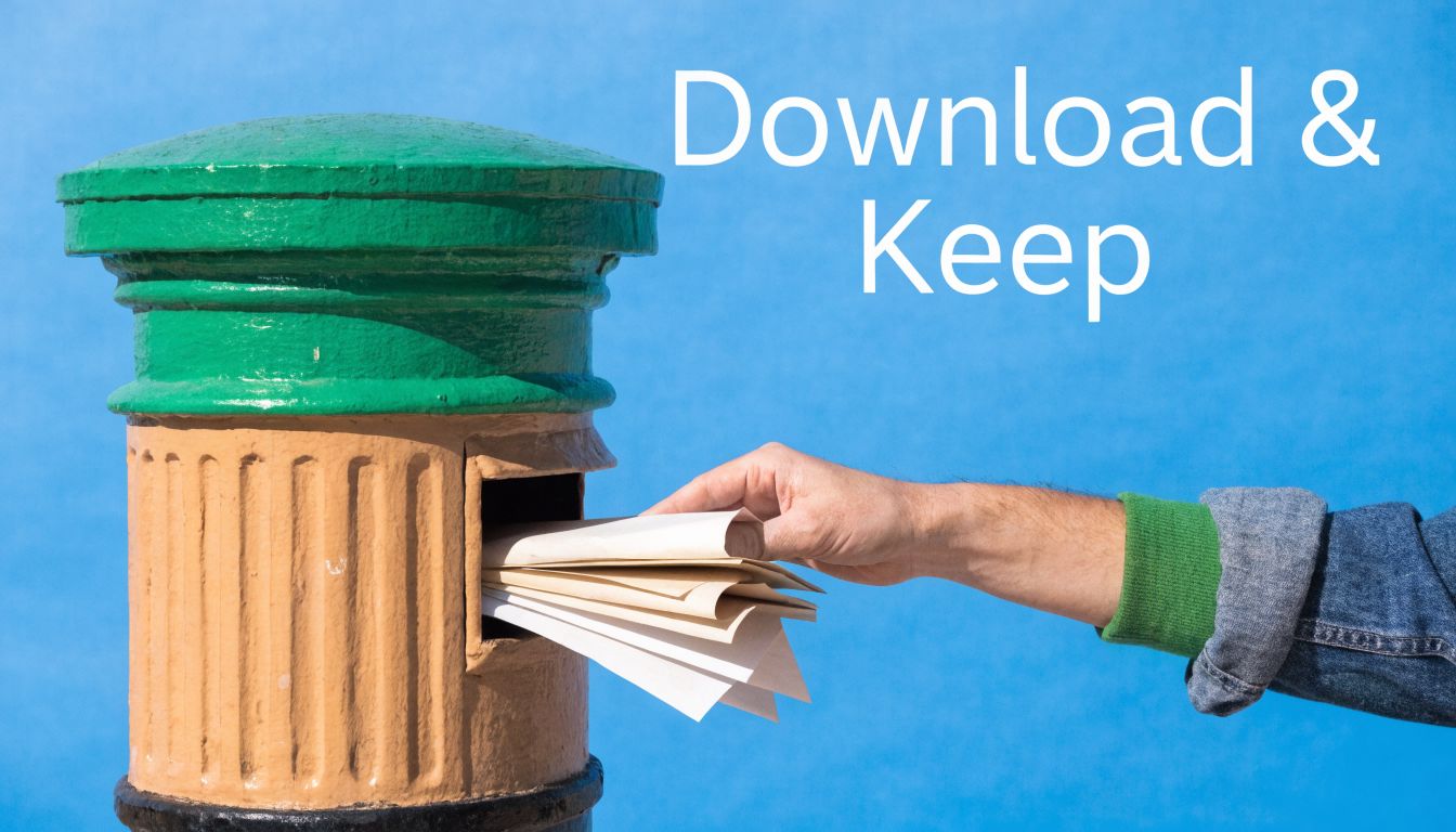 A hand placing envelopes into a vintage post box against a bright blue background.