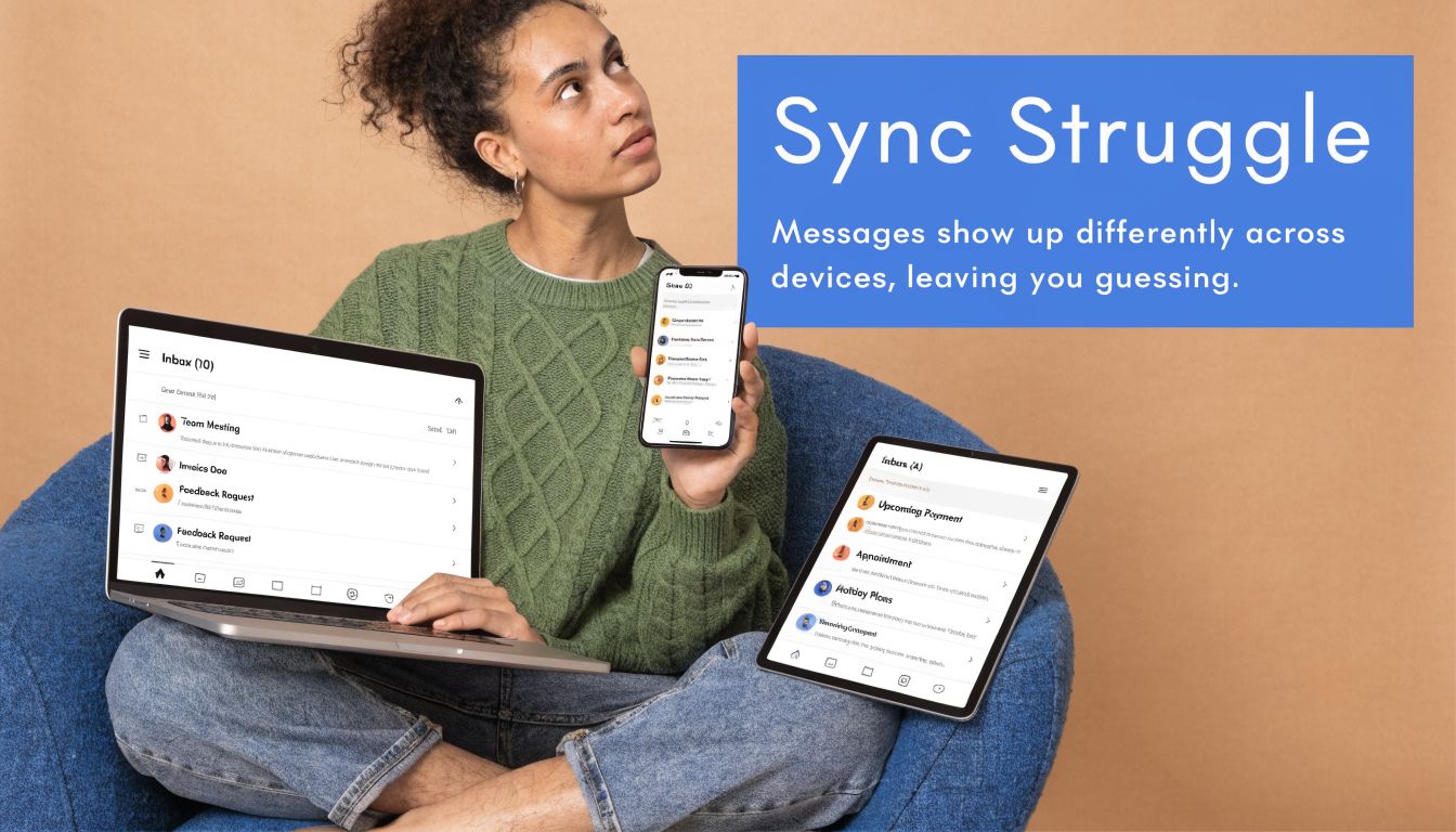 A woman holding a phone, sitting with a laptop and tablet, showing inconsistent message synchronization issues.