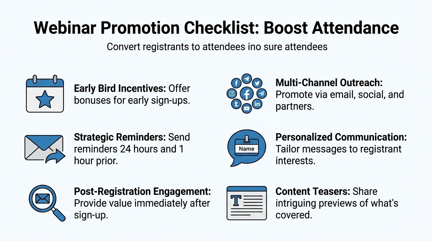 A checklist infographic titled Webinar Promotion Checklist showing six strategies to increase webinar attendee participation and engagement.