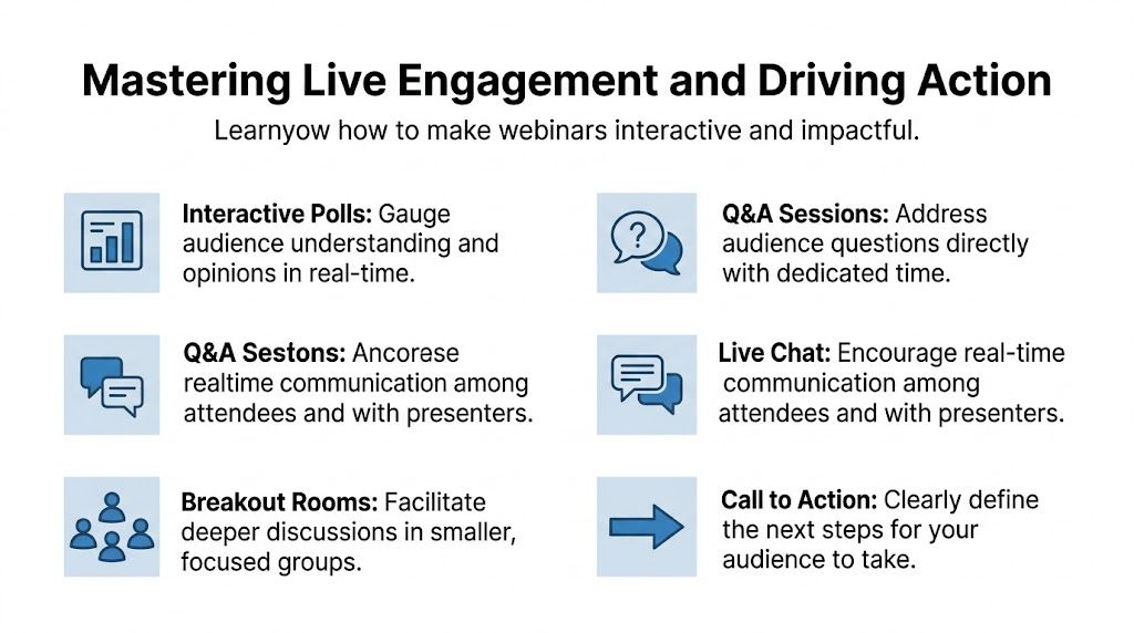 A graphic titled Mastering Live Engagement and Driving Action, listing six interactive strategies to improve webinar engagement.