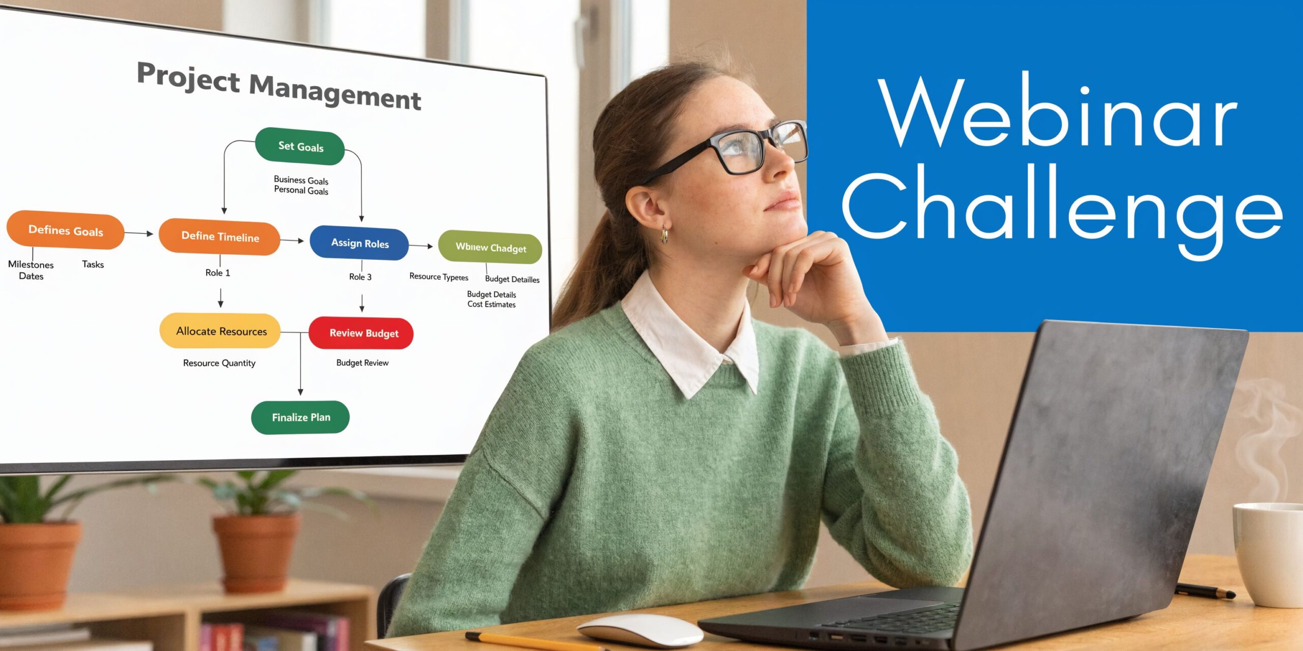 A focused young woman in a green sweater working on a laptop with a project management webinar challenge.
