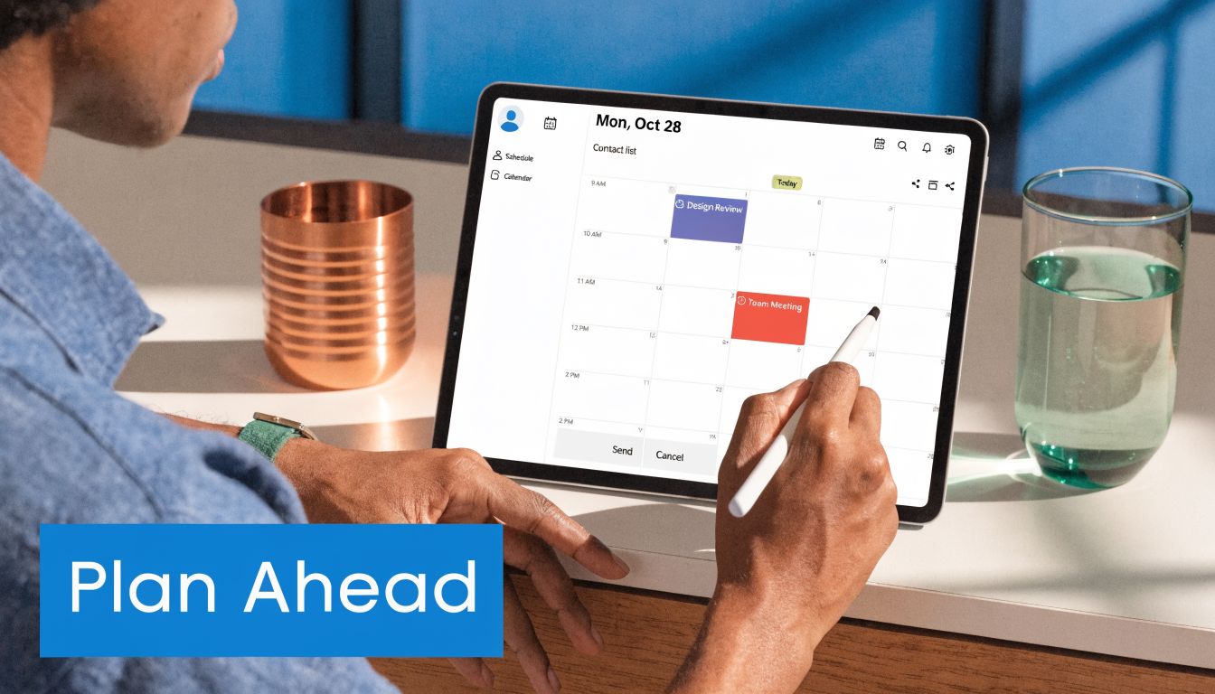 A person using a stylus on a tablet displaying a calendar schedule for professional meeting planning.