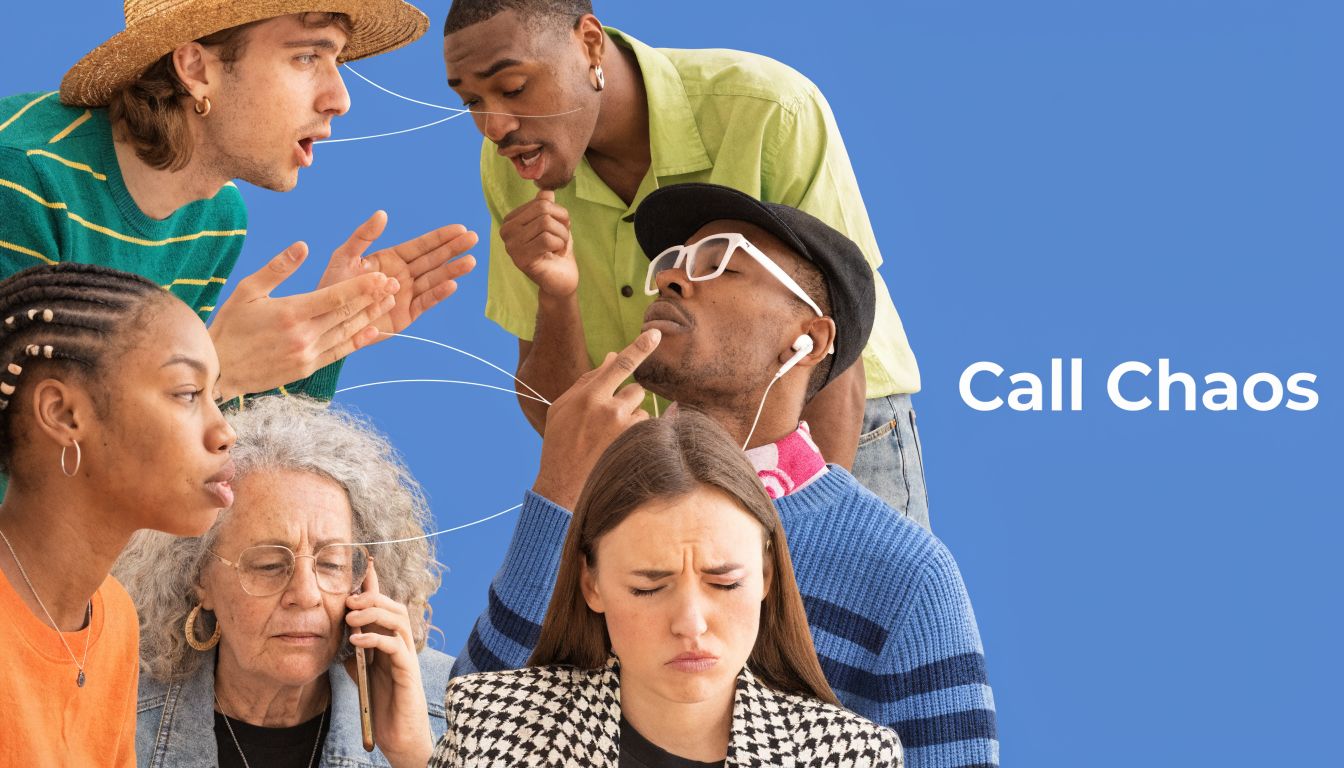 A diverse group of people showing signs of frustration while struggling with a chaotic conference call.