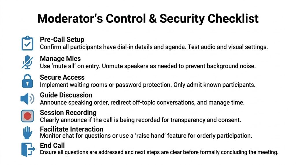 A helpful checklist for moderators detailing essential steps for managing successful and secure video conference calls.