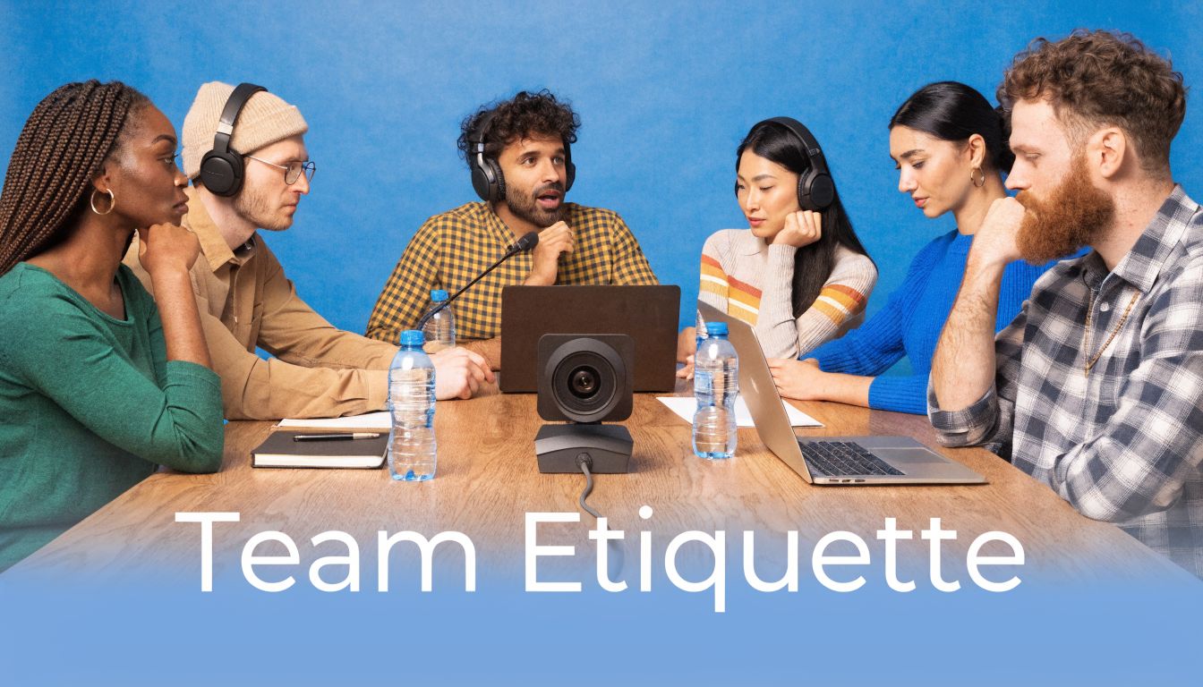 A diverse group of professionals sitting around a wooden table in a meeting with headphones on.