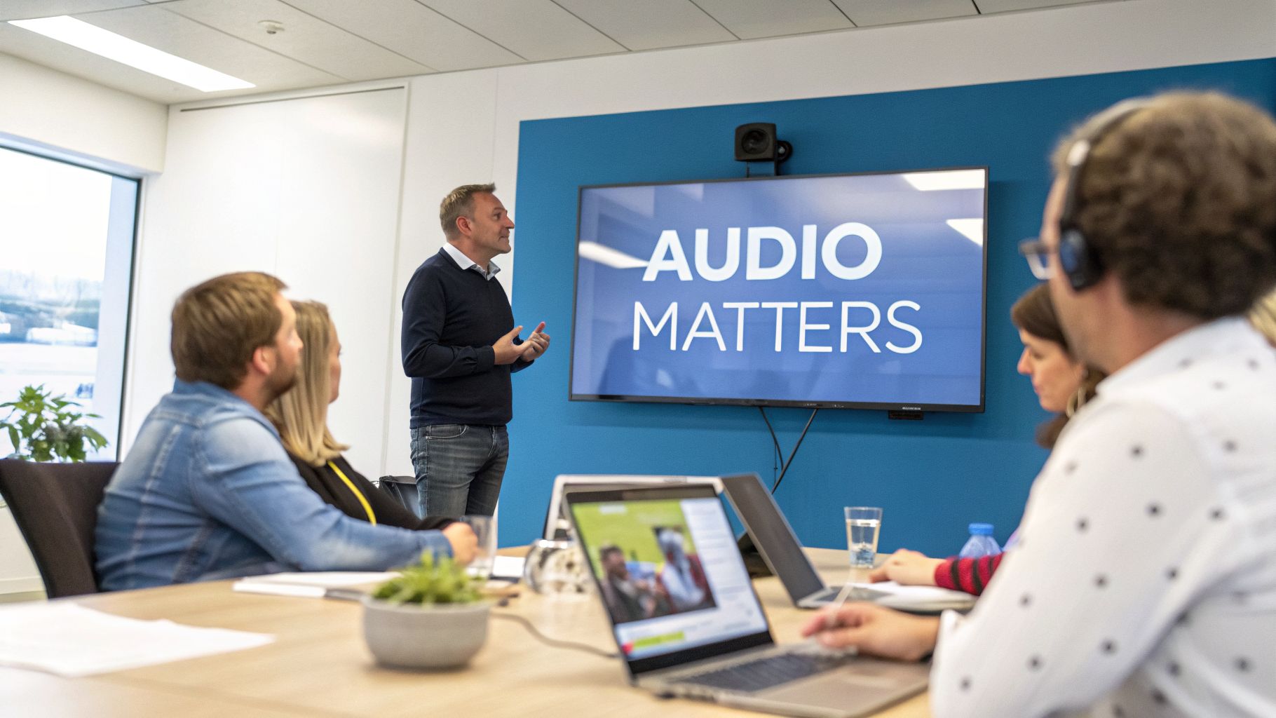 A man presents to colleagues in a modern meeting room, with 'AUDIO MATTERS' on a large screen.