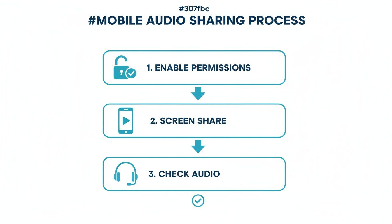 Flowchart detailing the mobile audio sharing process, including enabling permissions, screen sharing, and checking audio.