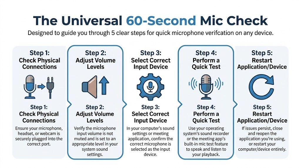 A 5-step infographic guide explaining how to troubleshoot and check a microphone on any device.