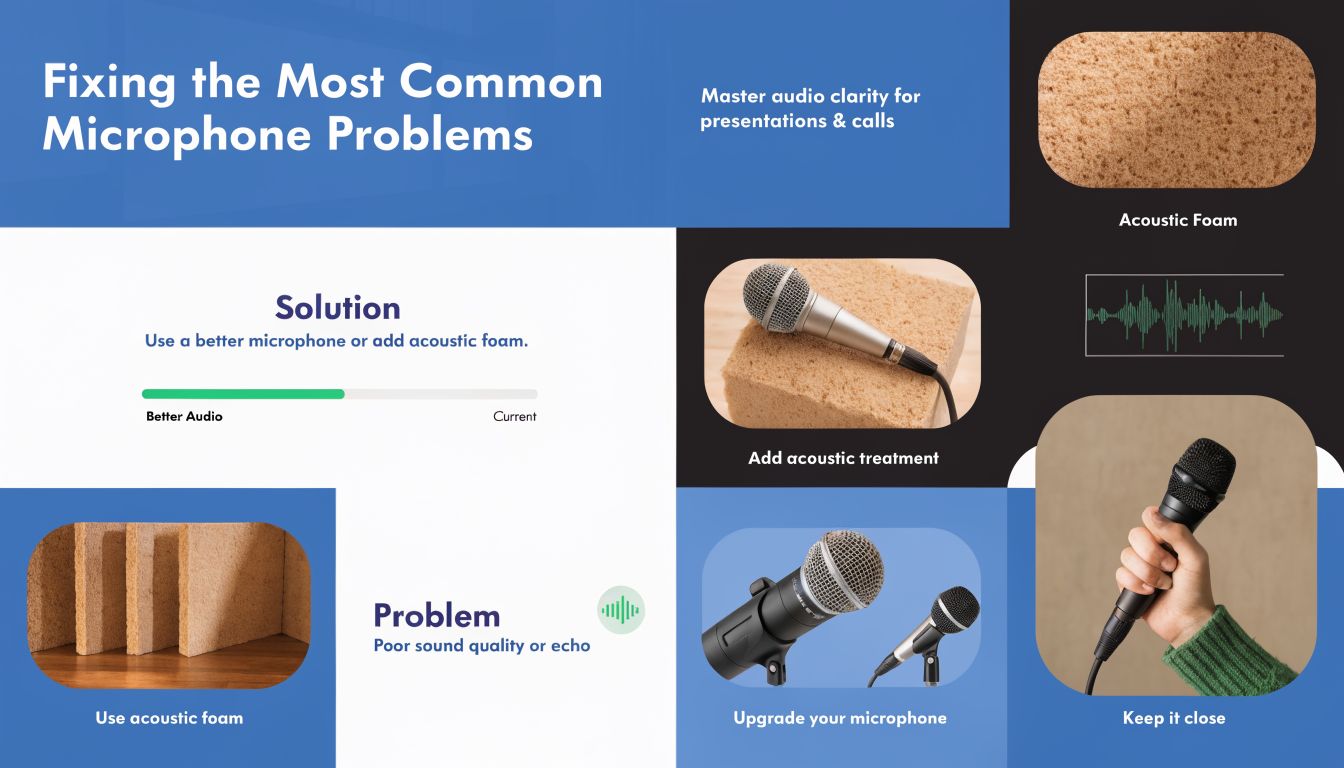An infographic titled Fixing the Most Common Microphone Problems with tips on acoustic foam and equipment.