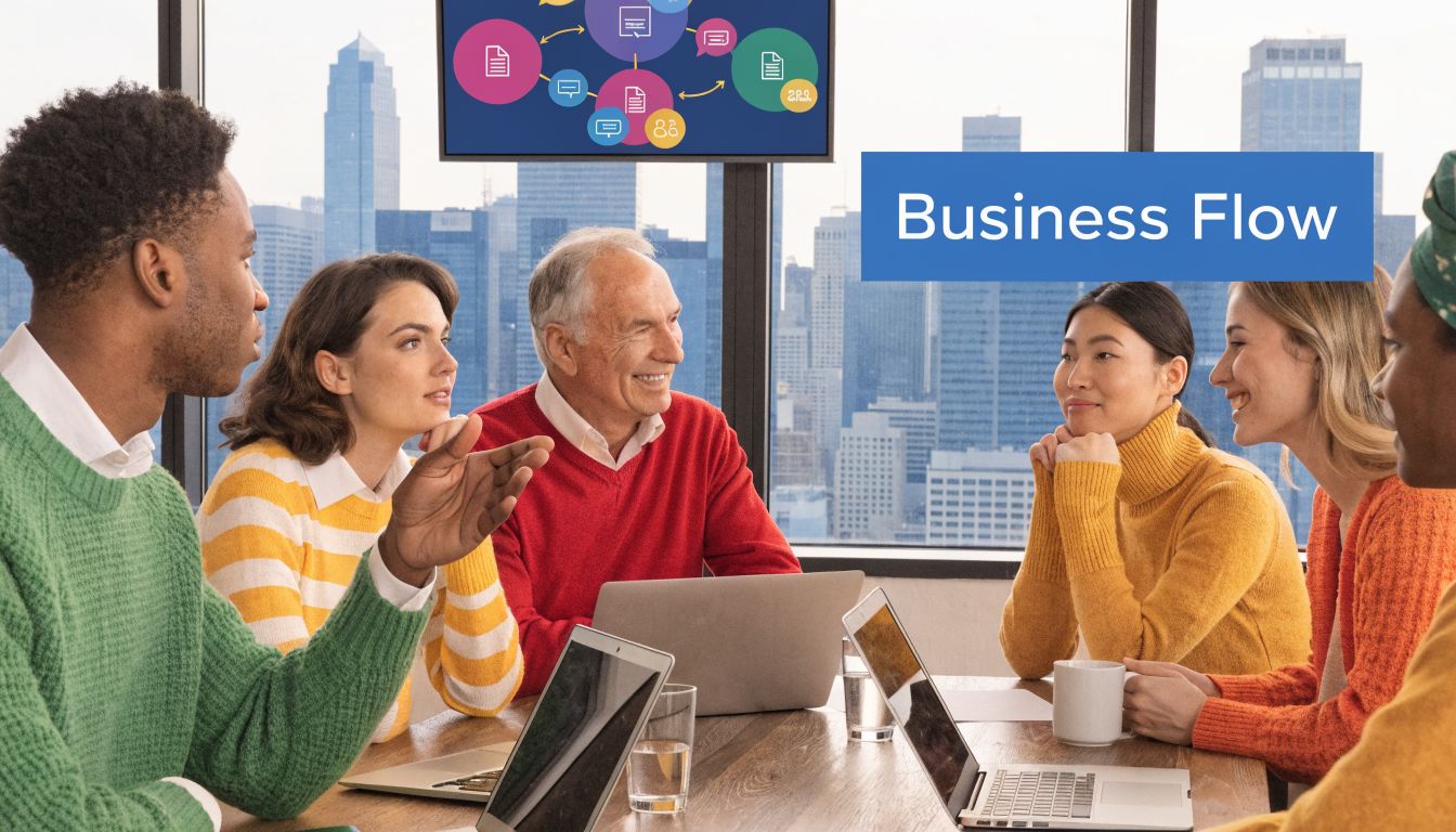 A diverse group of professionals collaborating around a conference table in an office with city views.