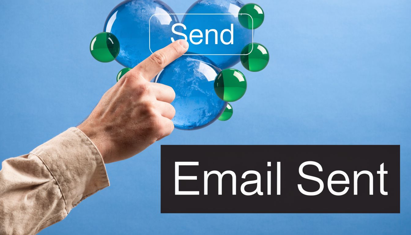 A hand pressing a virtual button labeled Send surrounded by blue globes and green spheres.