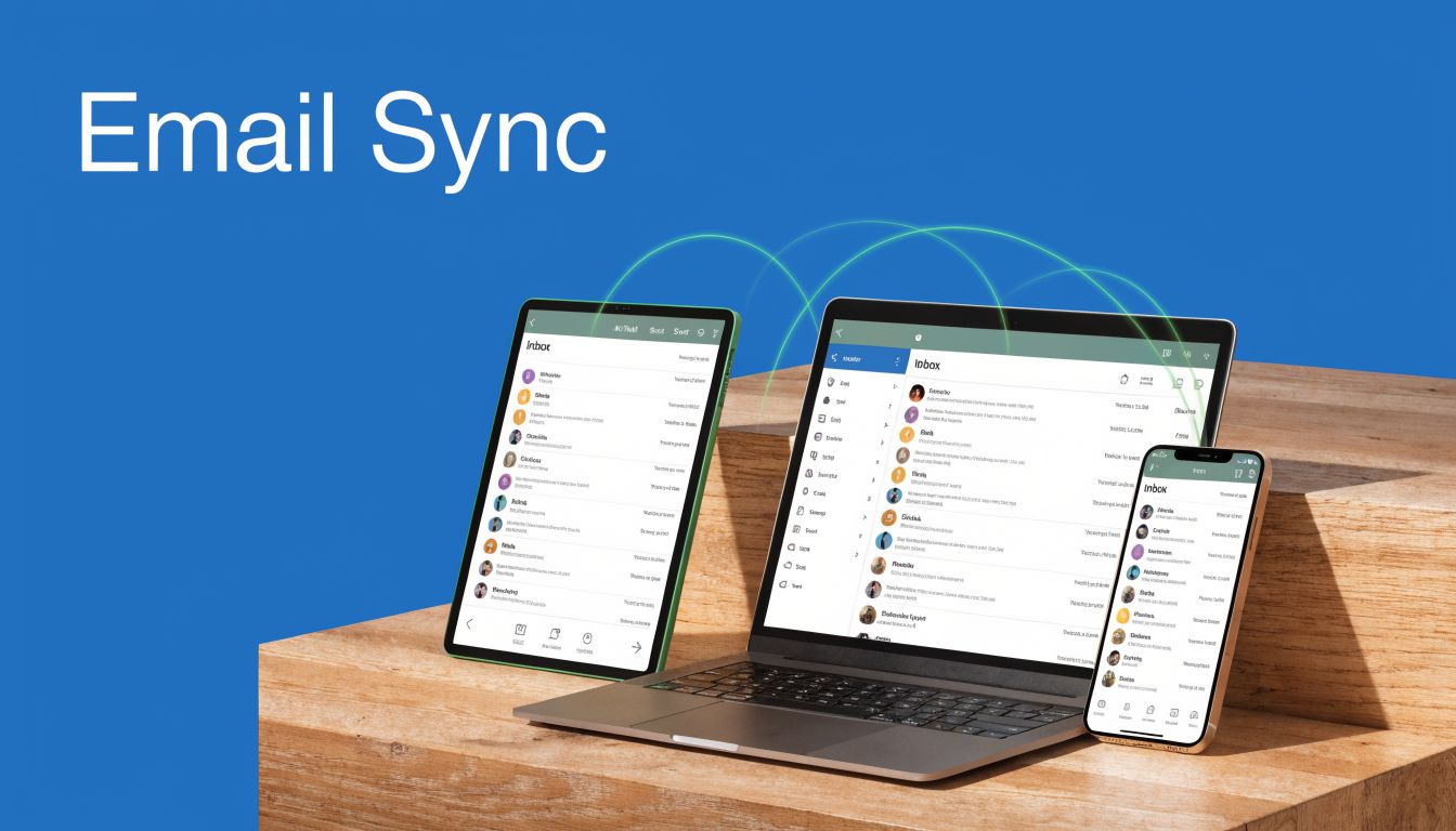 A digital illustration showing email synchronization across a tablet, laptop, and smartphone on a wooden surface.