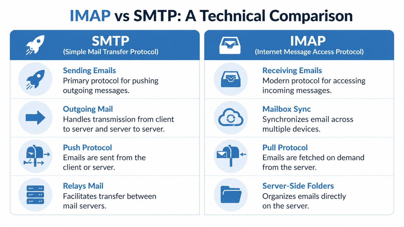 A comparison chart outlining the technical differences between SMTP for sending emails and IMAP for receiving emails.