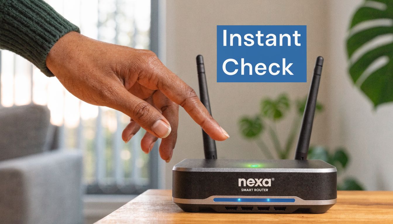 A person pointing their finger toward a Nexa smart router placed on a wooden table indoors.