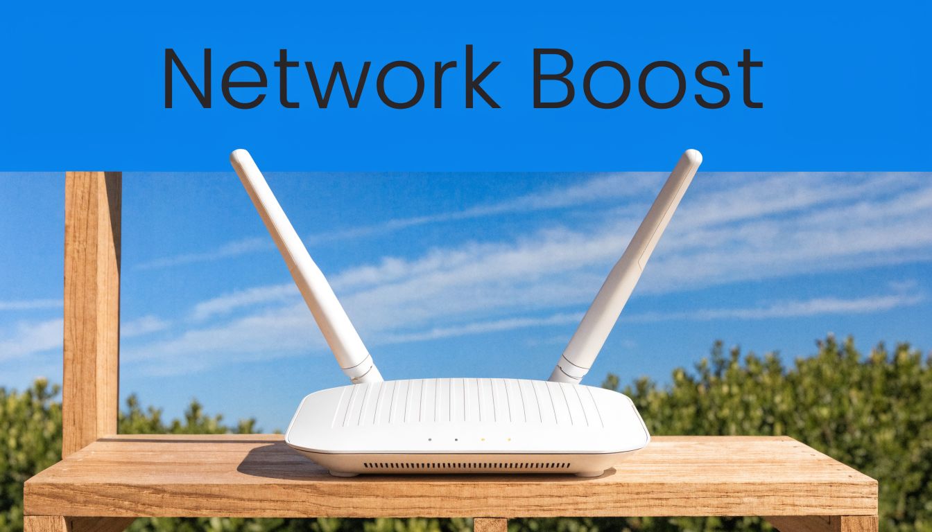 A white wireless internet router sitting on a wooden table against a bright blue sky background.
