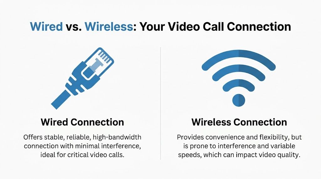A comparison infographic between wired and wireless internet connections for optimal video call quality and stability.