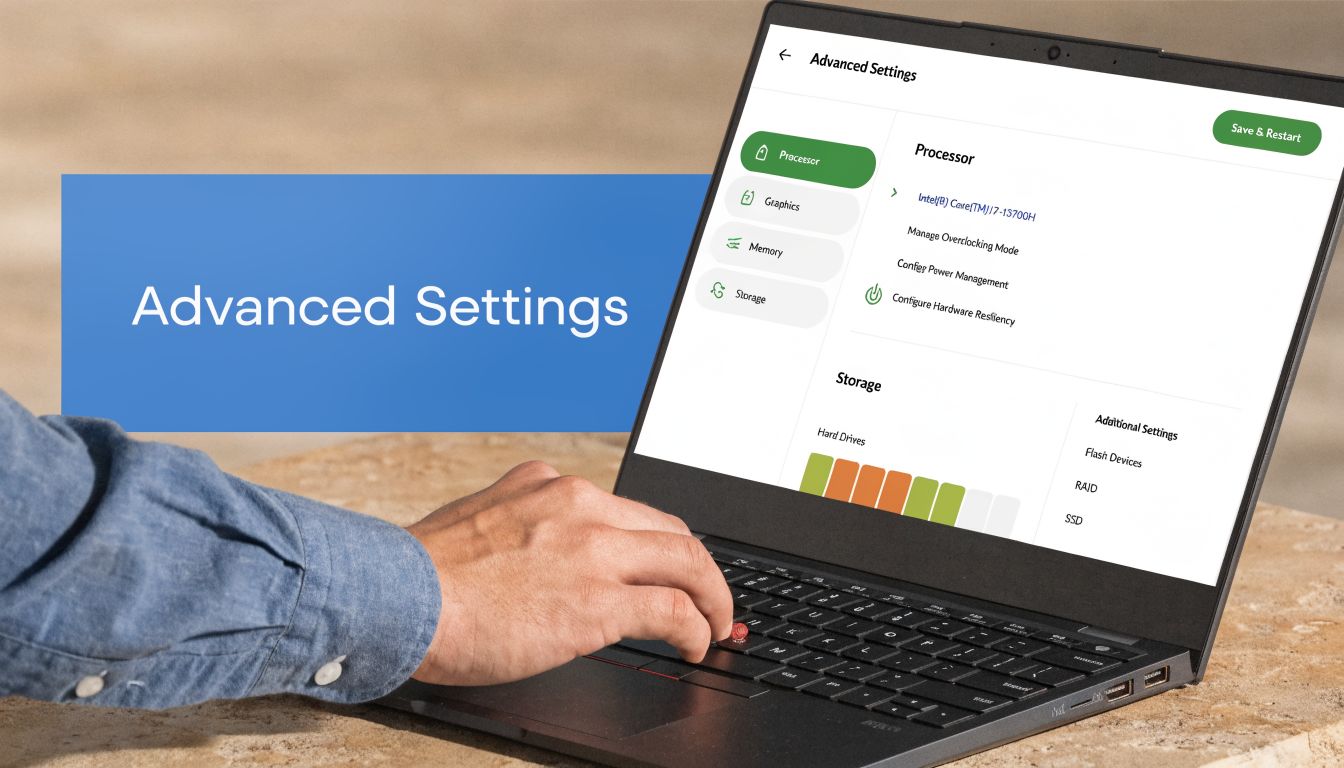 A close-up view of a person using a laptop featuring an advanced settings menu on the display.