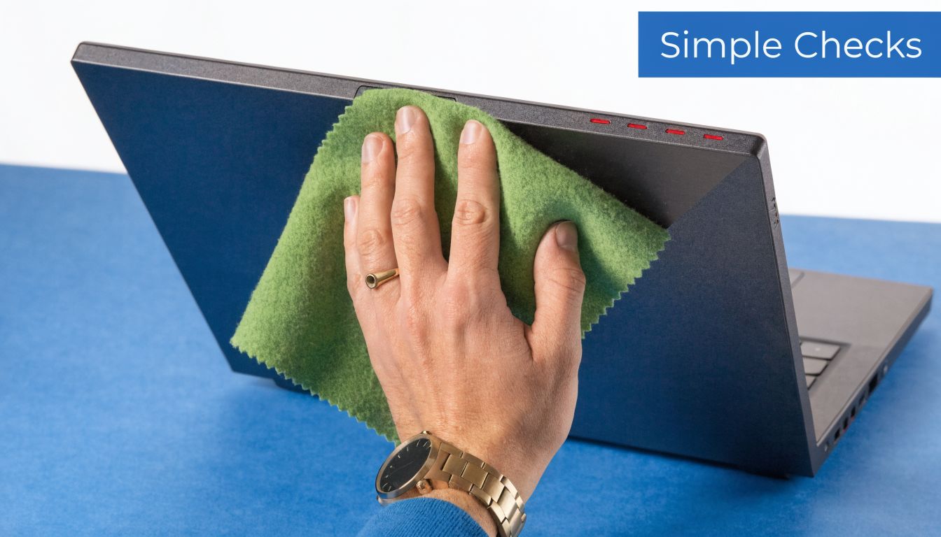 A hand wiping the top lid of a closed laptop with a green microfiber cloth for maintenance.