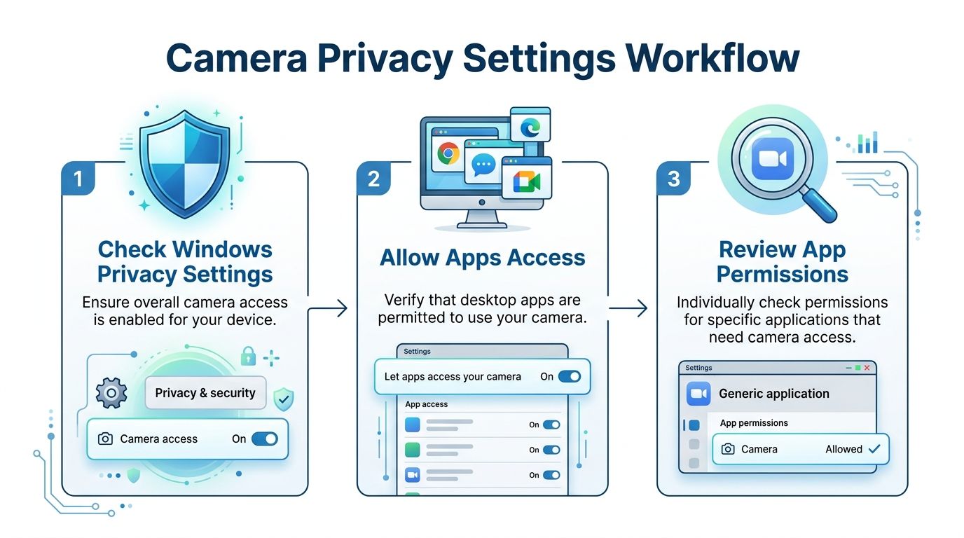 A three-step infographic showing the workflow to troubleshoot and fix Windows camera privacy settings issues.