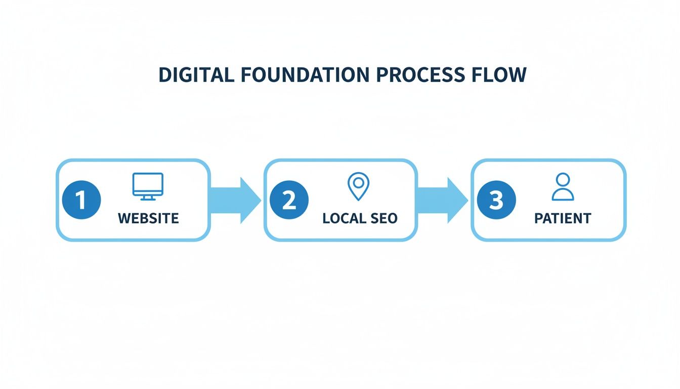 Flowchart illustrating the digital foundation process, moving from website to local SEO to patient.