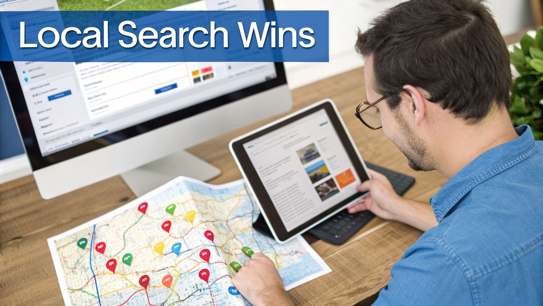 Man analyzing a local map with pins and a tablet, showcasing 'Local Search Wins'.