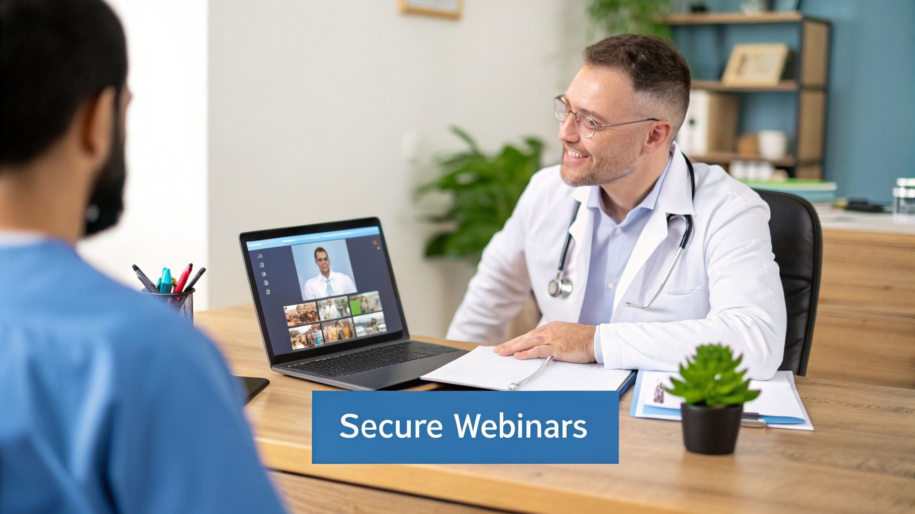 Doctor smiles while participating in a secure medical webinar on a laptop, observed by another professional.