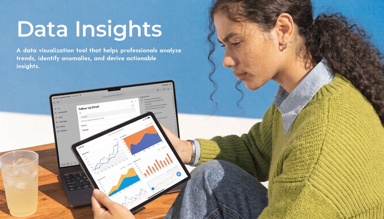 A woman using a tablet to analyze data charts while sitting next to her open laptop.