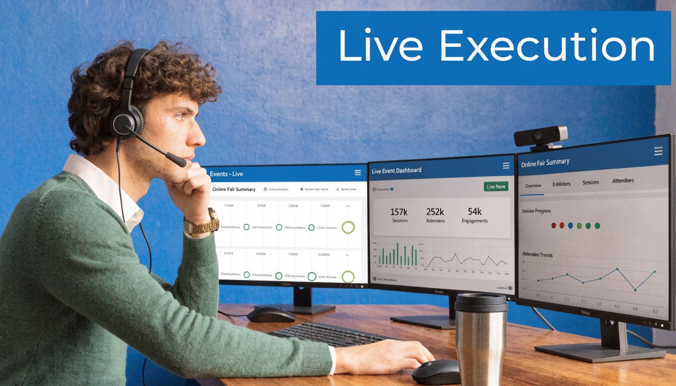 A professional man with a headset monitors data on multiple computer screens during an online job fair.