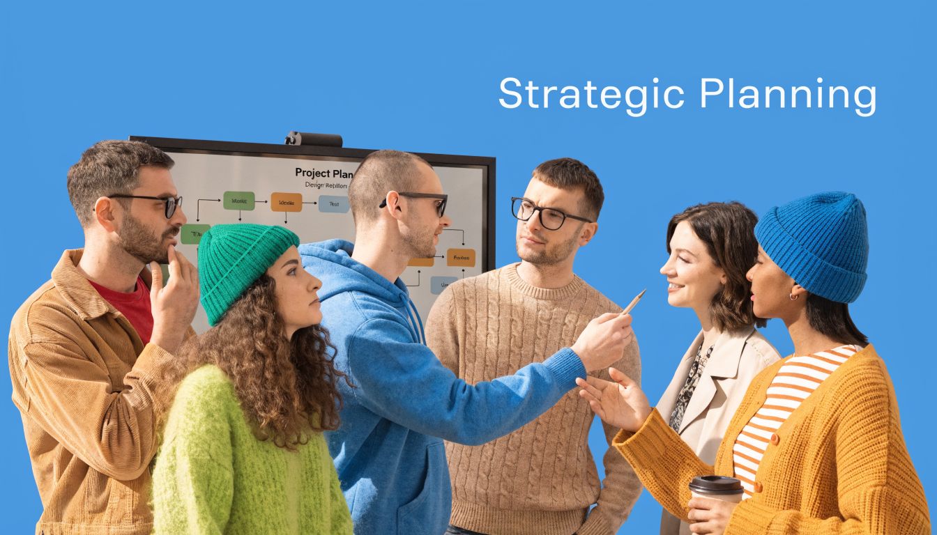 A diverse group of young professionals brainstorming in front of a project planning whiteboard during a meeting.