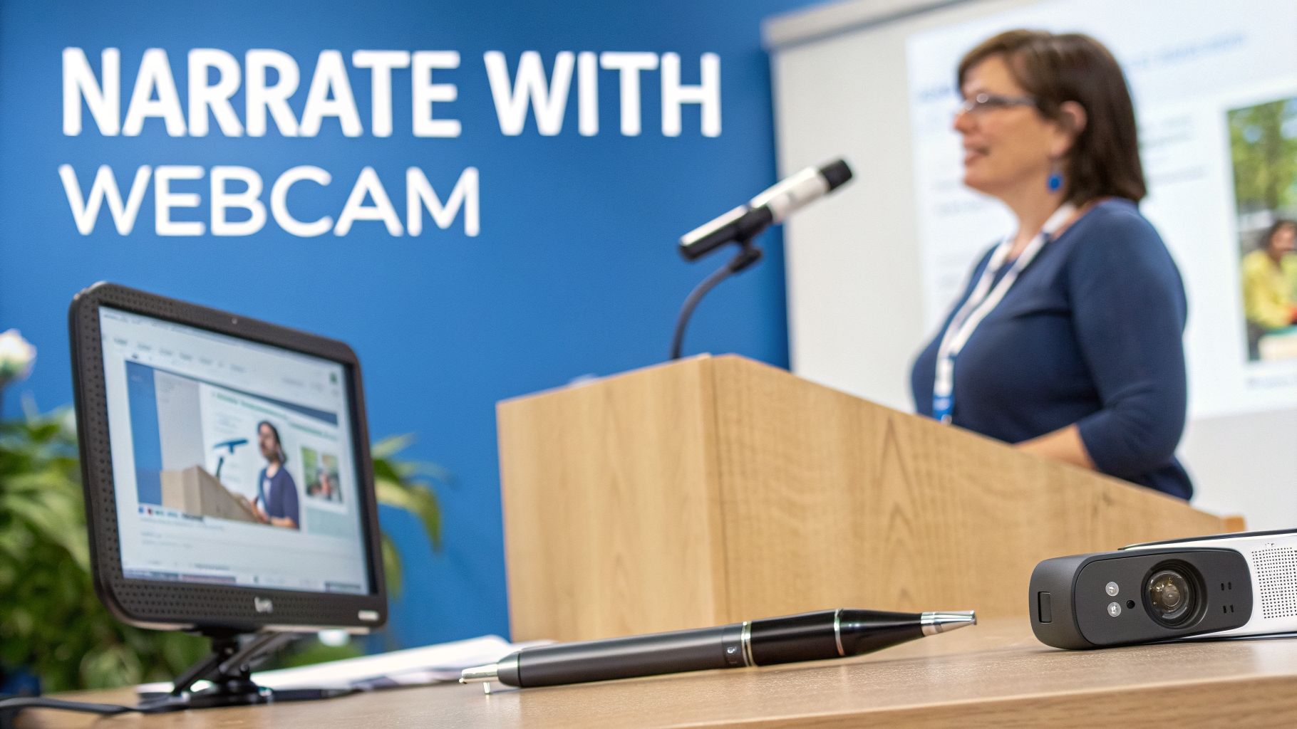 A woman speaks at a podium with a microphone, a webcam and monitor are on the table.