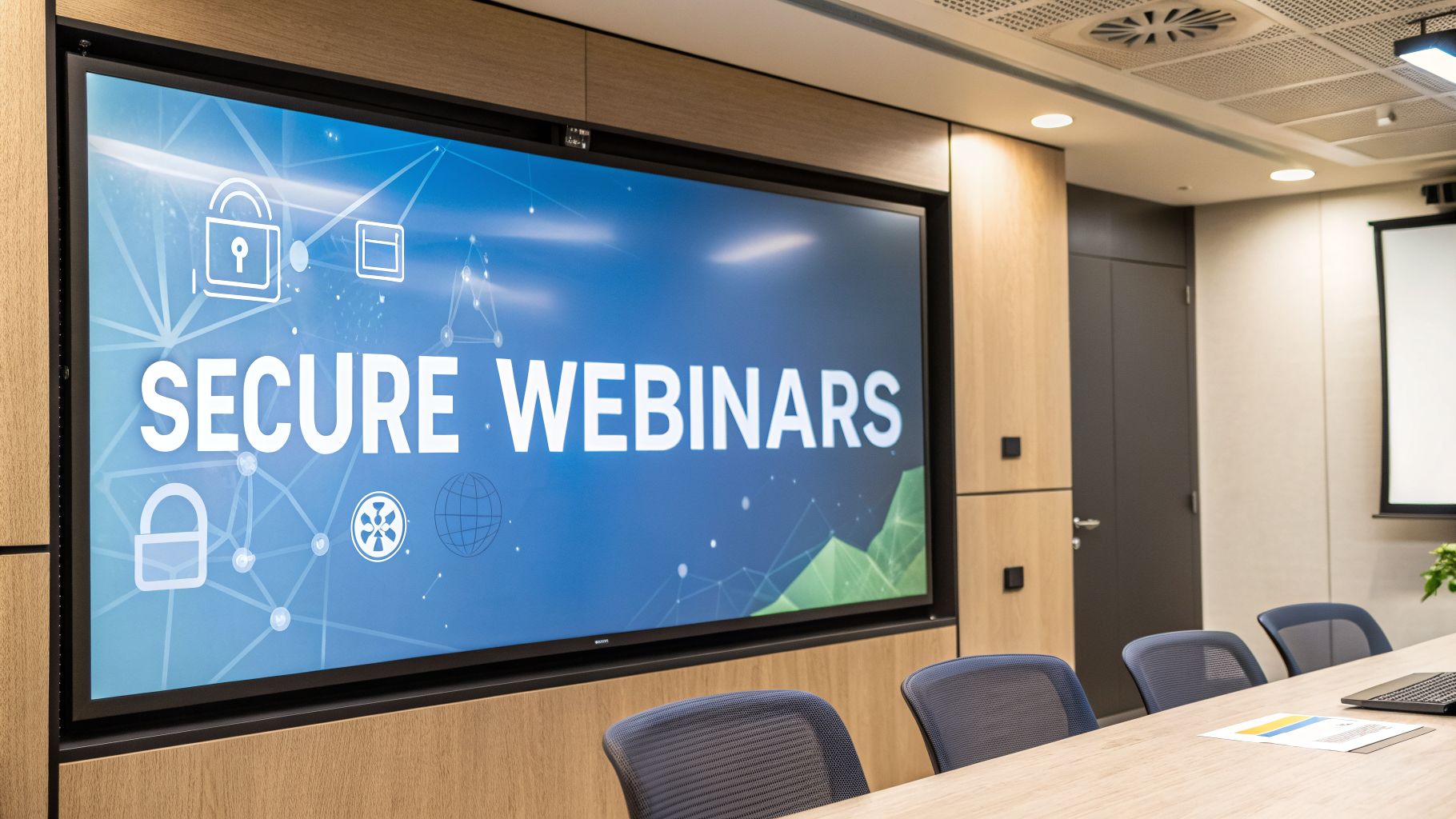 A large screen in a modern meeting room displays 'SECURE WEBINARS' with security icons.