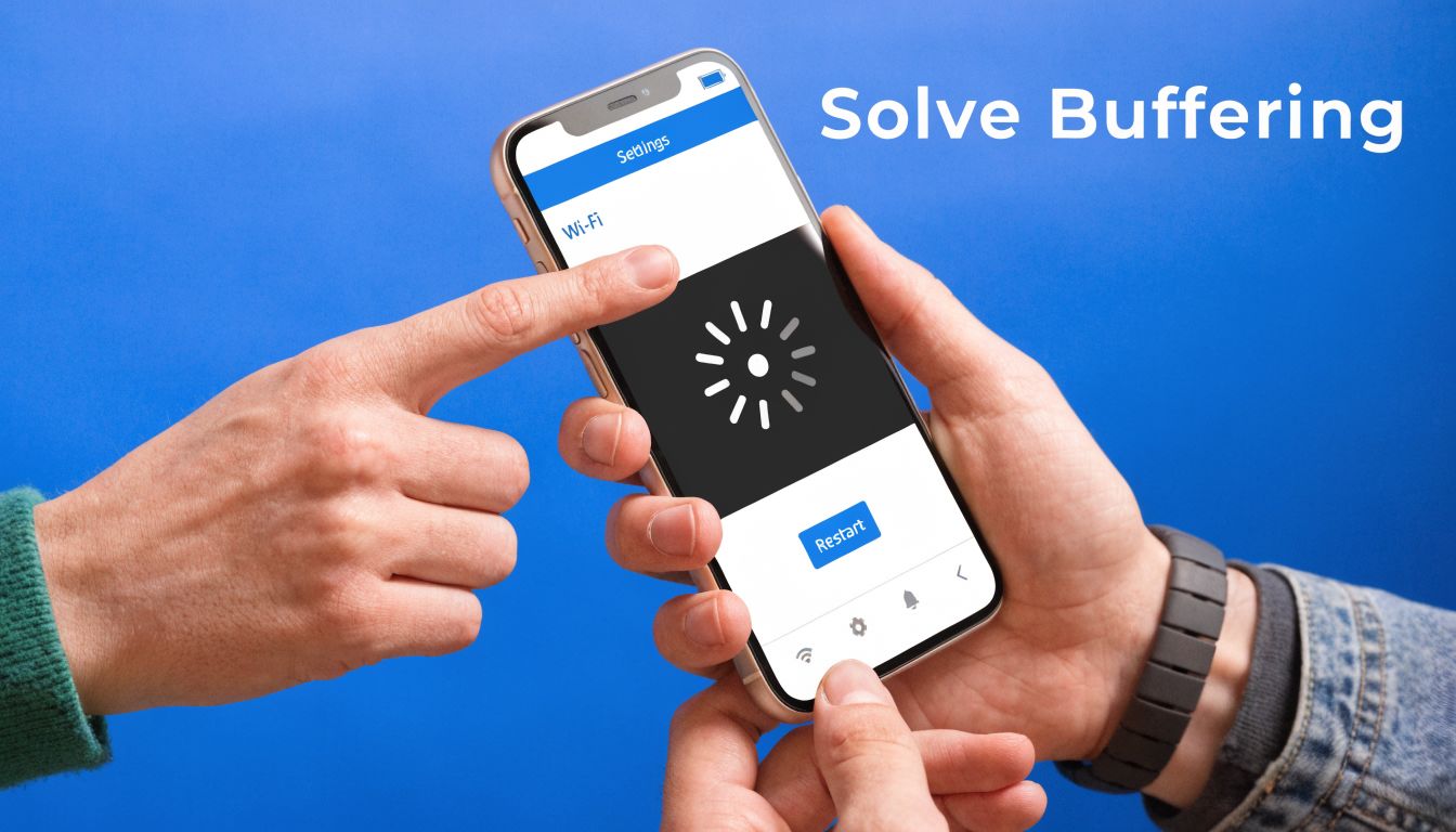A person points at a smartphone screen displaying a Wi-Fi buffering icon while troubleshooting internet connectivity.