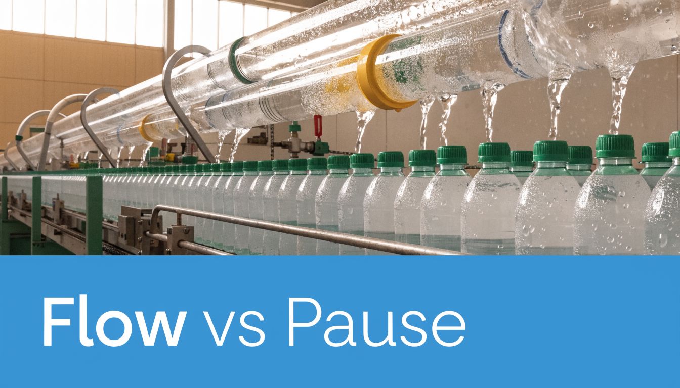 A factory production line where a horizontal transparent pipe leaks water into moving plastic bottles below.