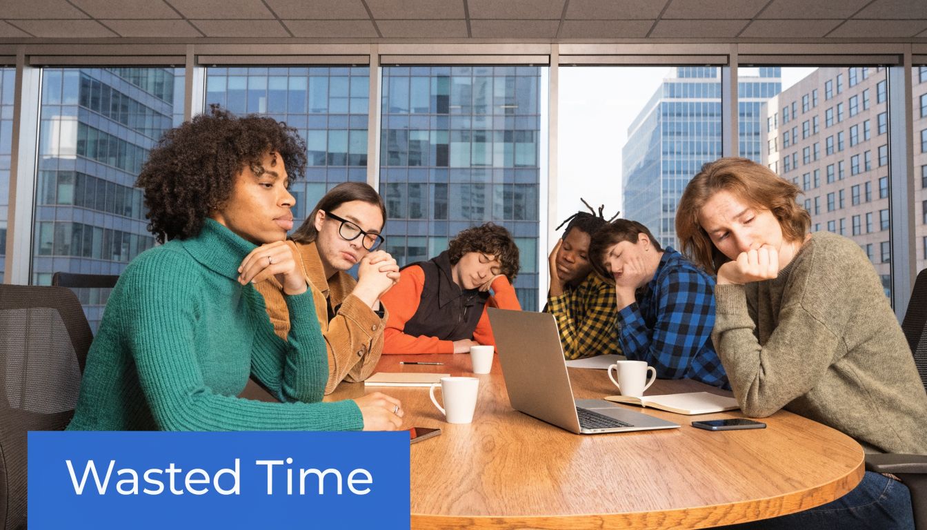 A diverse group of tired and bored coworkers sitting around a wooden office conference table together.