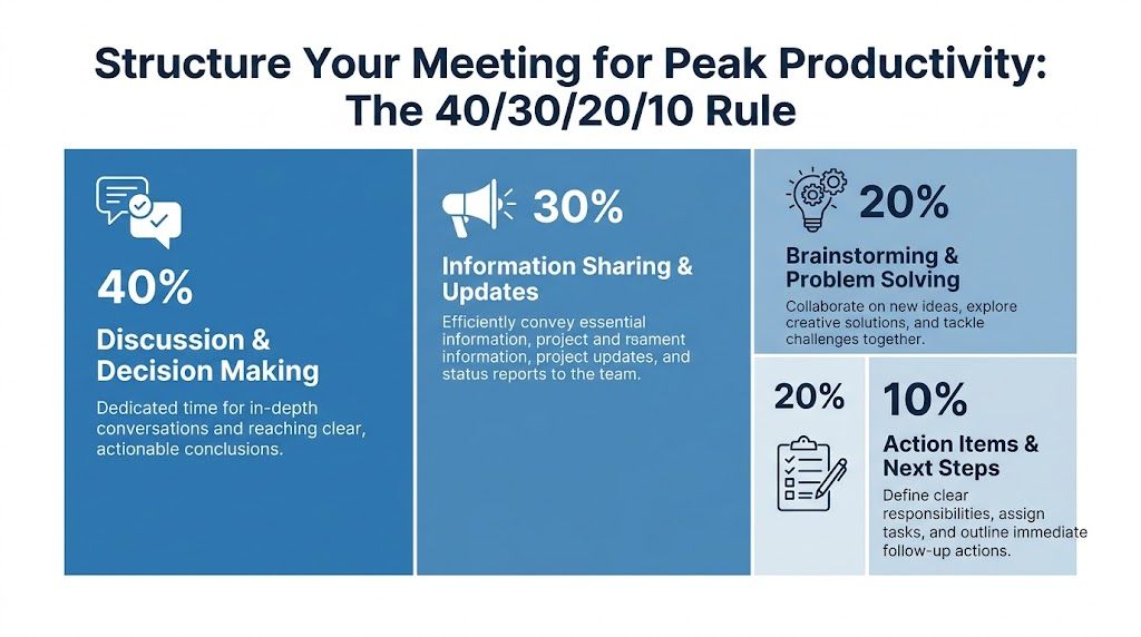 An infographic detailing the 40/30/20/10 rule for structuring effective and productive team meetings.