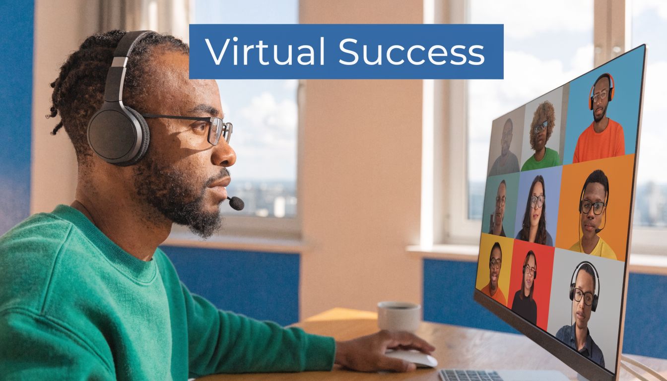 A professional man with a headset participating in a virtual video conference with his diverse remote team.