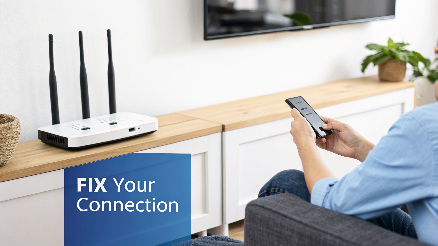 Person using a smartphone to fix an unstable internet connection, with a white router on a shelf.