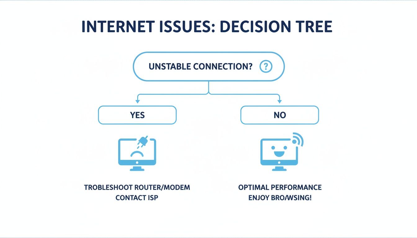 A decision tree flowchart illustrating steps to troubleshoot an unstable internet connection.