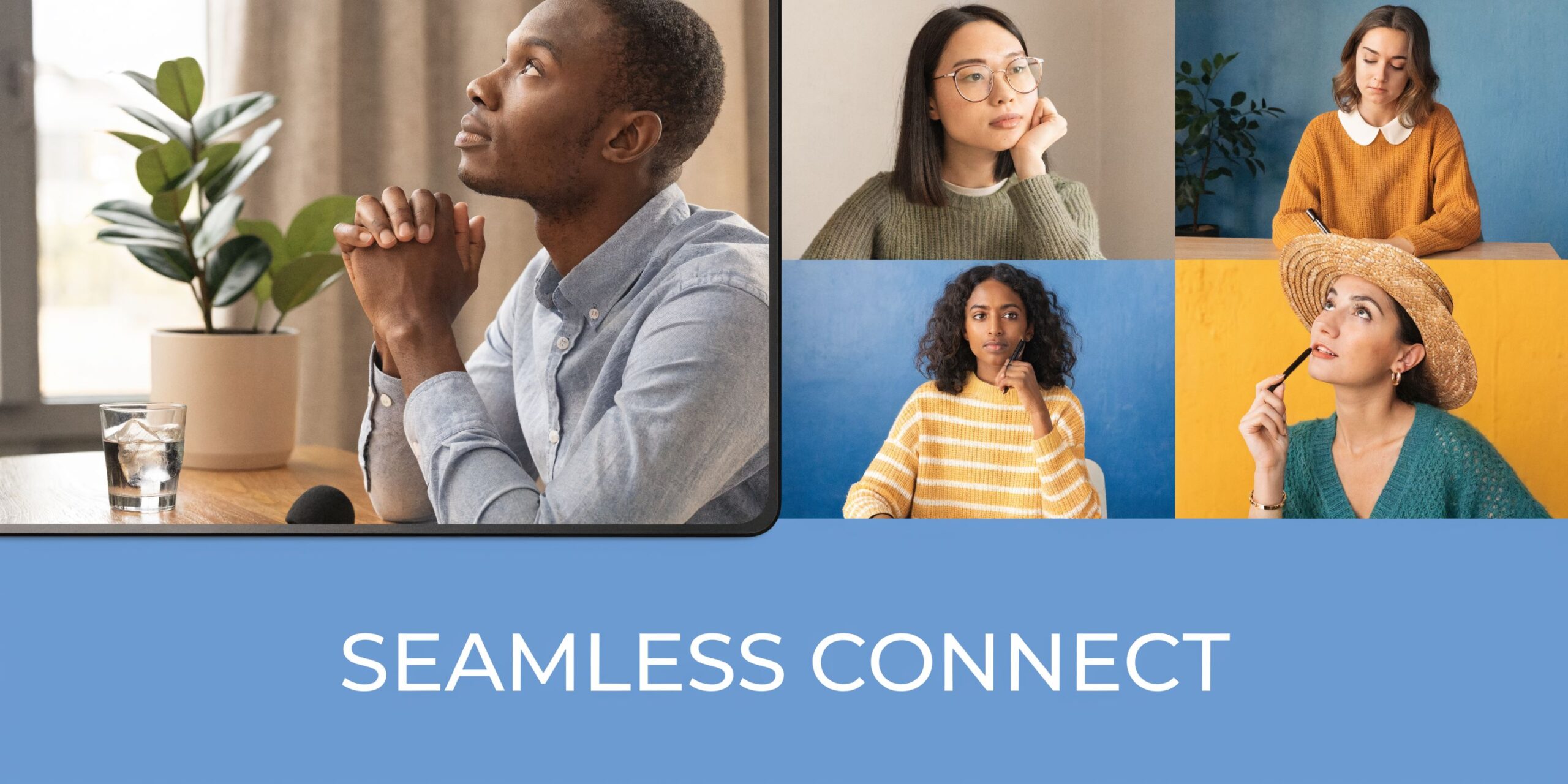 A collage showing five diverse professionals during a video conference meeting on a blue background.