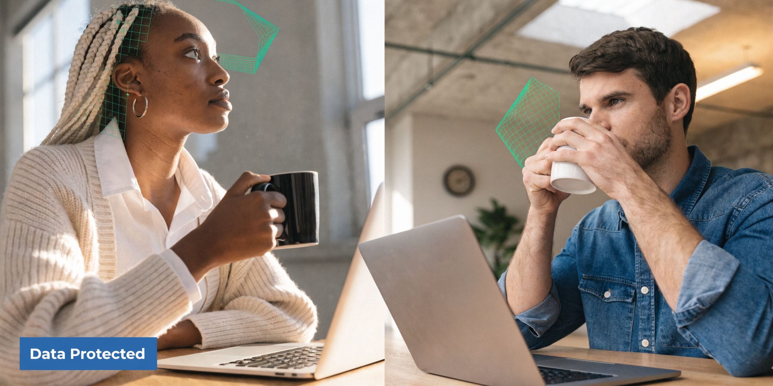 A woman and a man working on laptops while holding mugs with digital data protection overlays.