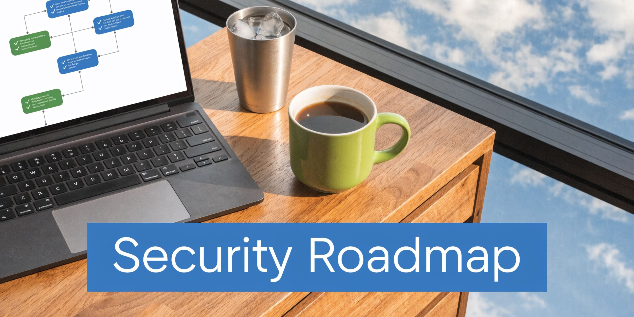 A laptop displaying a security roadmap chart alongside a coffee mug on a wooden desk by window.